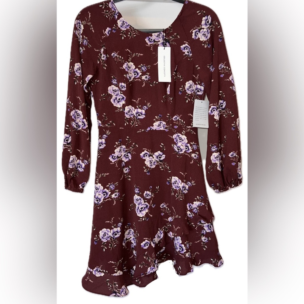 collective concepts ruffle hem floral print mini dress burgundy size XS NWT